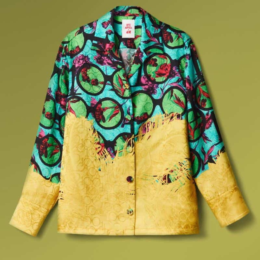 IRIS APFEL x H&M - Oversize Turquoise & Yellow Print Top Collared Shirt - Size L
